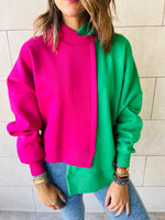 Fuchsia & Green Asymmetrical Colorblock Sweatshirt