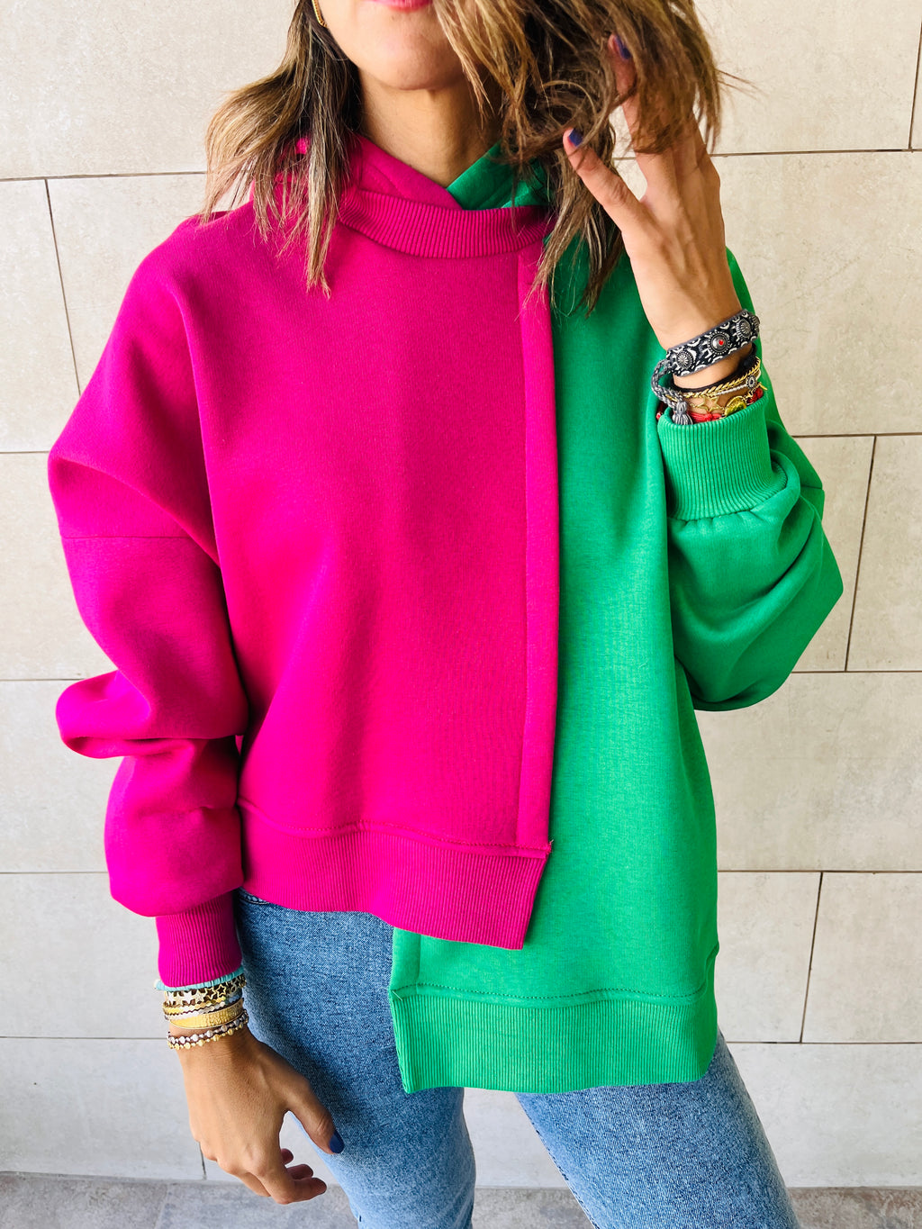 Fuchsia & Green Asymmetrical Colorblock Sweatshirt