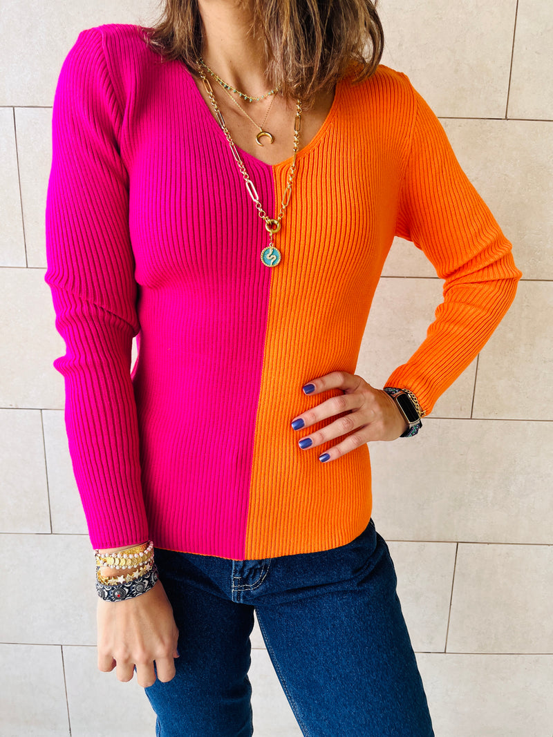 Fuchsia & Orange Color Block Ribbed Essential Knit