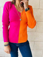 Fuchsia & Orange Color Block Ribbed Essential Knit