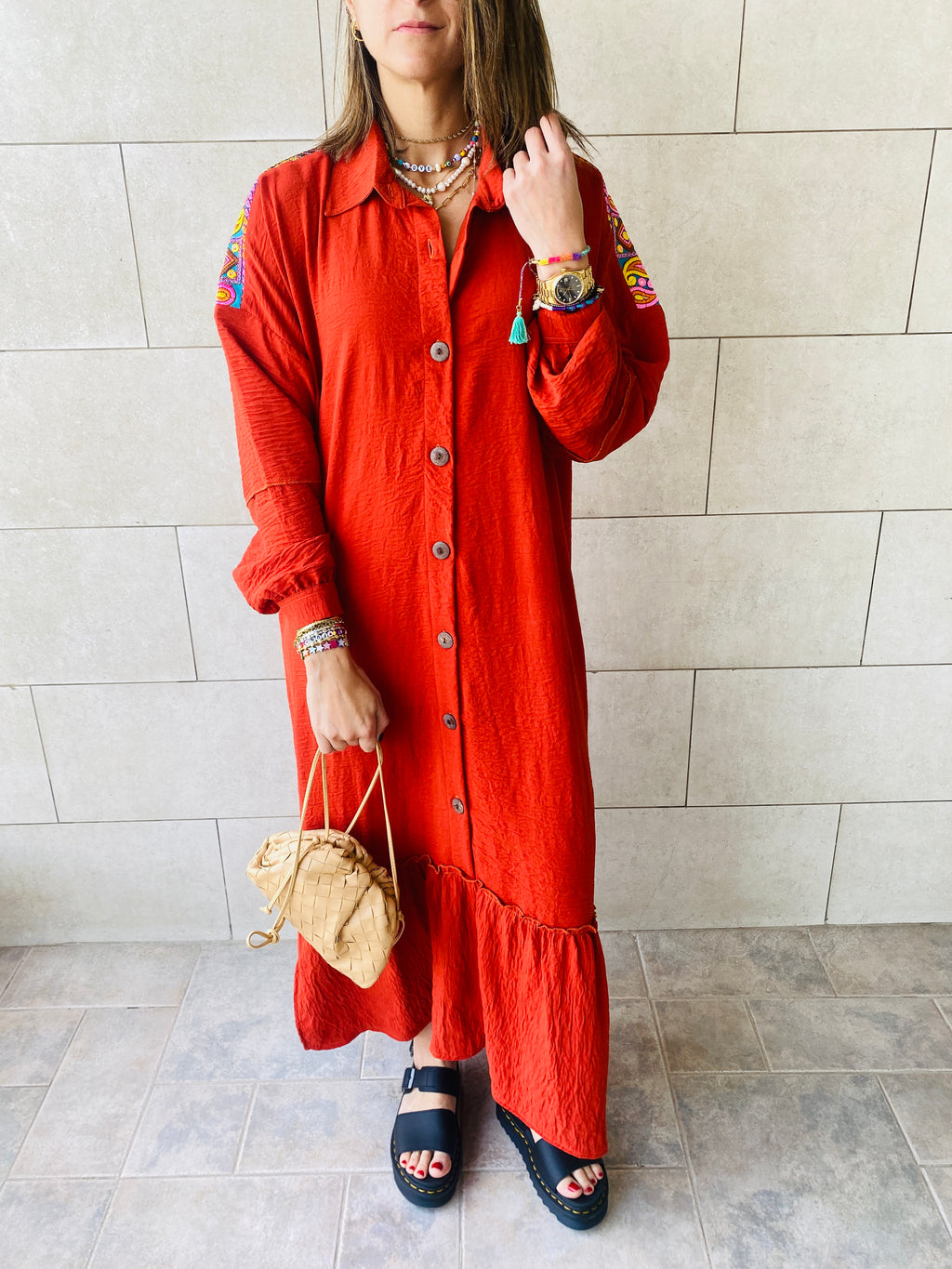 Rust Embroidered Back Dress