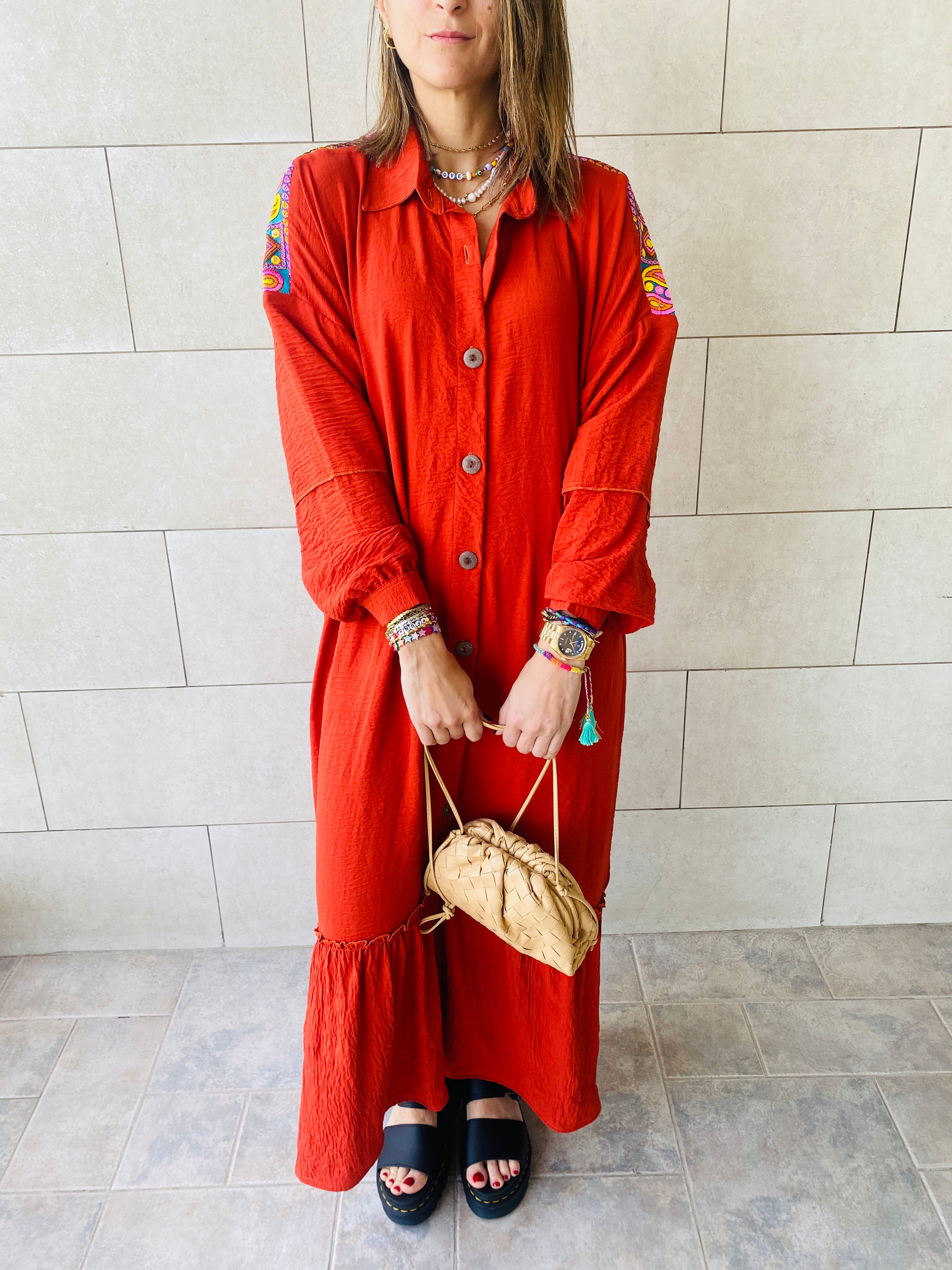 Rust Embroidered Back Dress