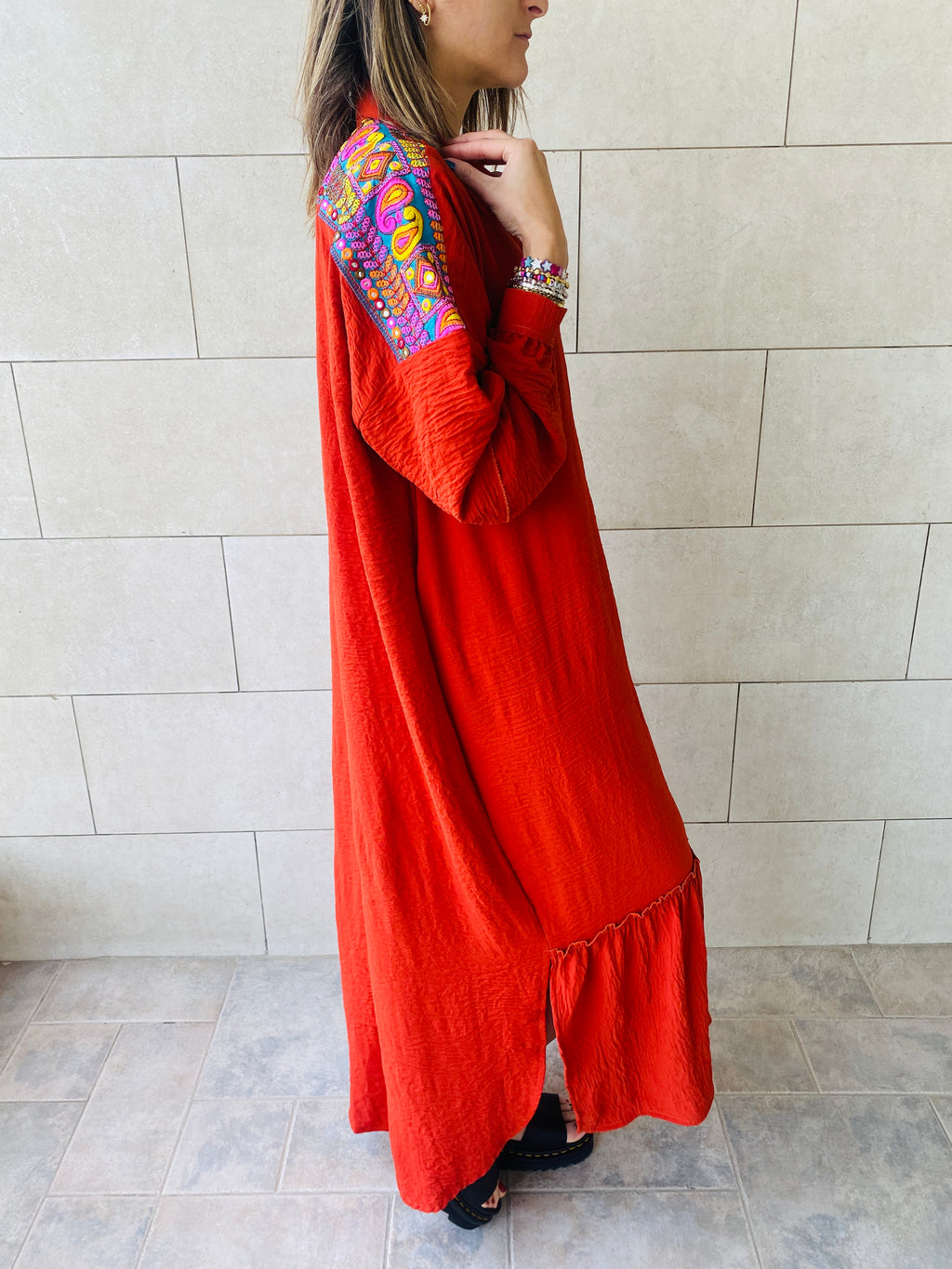 Rust Embroidered Back Dress