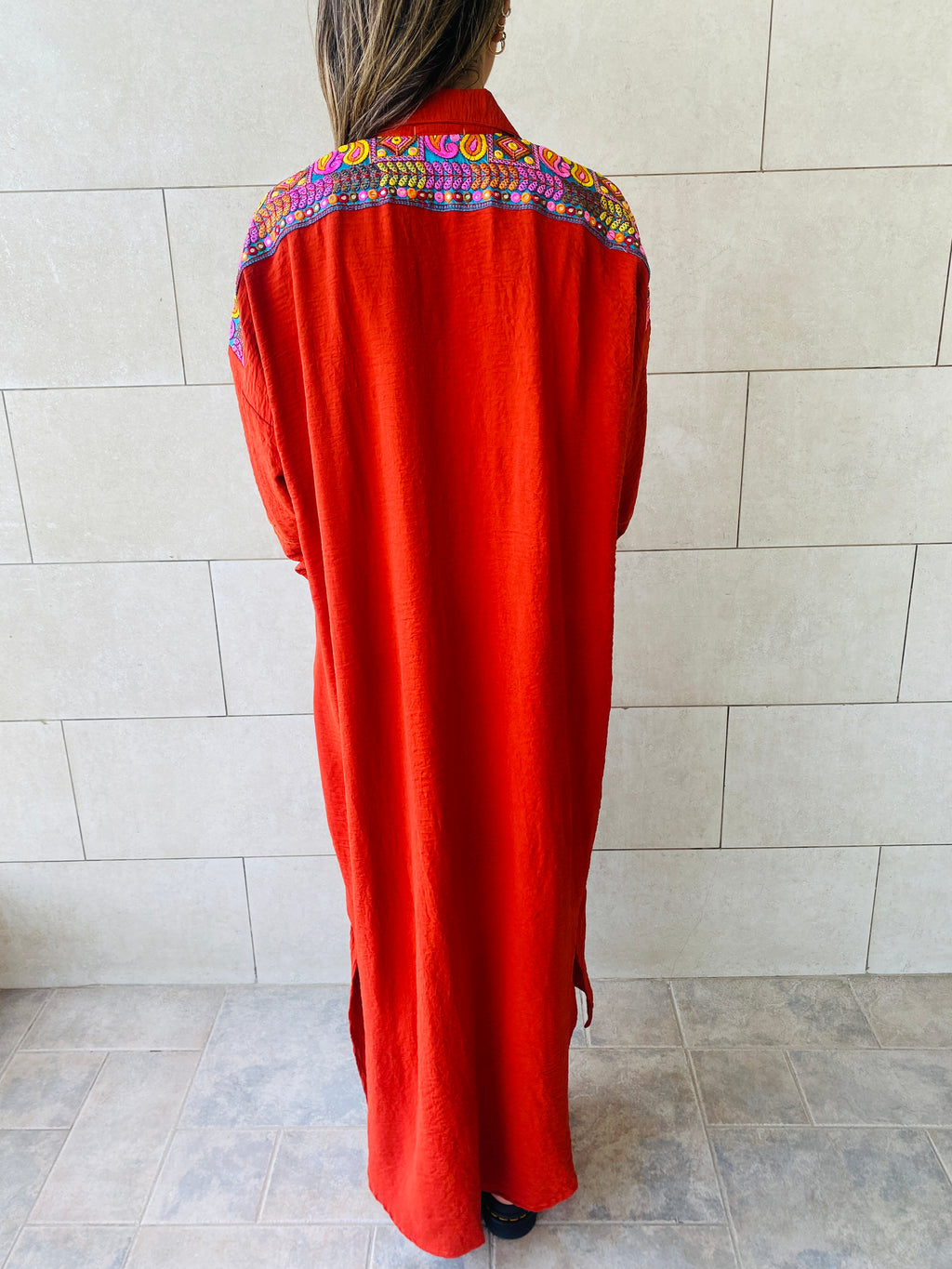 Rust Embroidered Back Dress