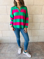 Green & Fuchsia Preppy Stripes Polo