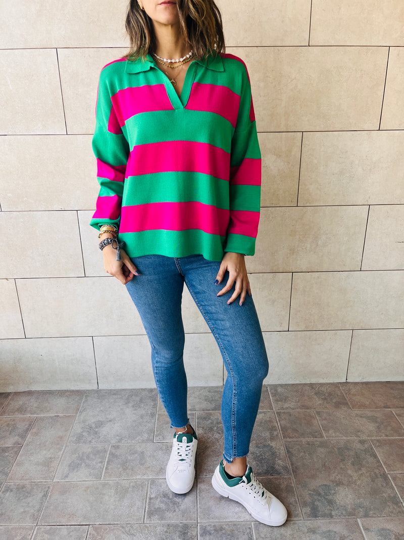 Green & Fuchsia Preppy Stripes Polo