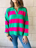 Green & Fuchsia Preppy Stripes Polo