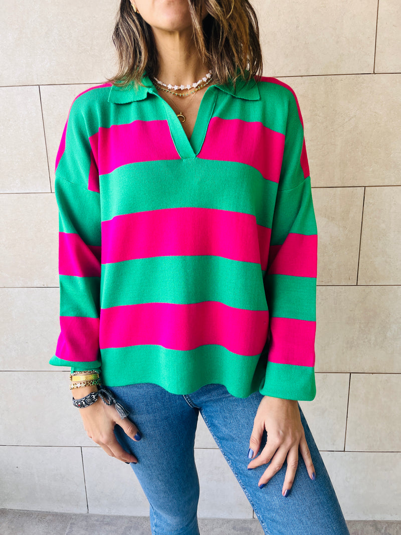 Green & Fuchsia Preppy Stripes Polo