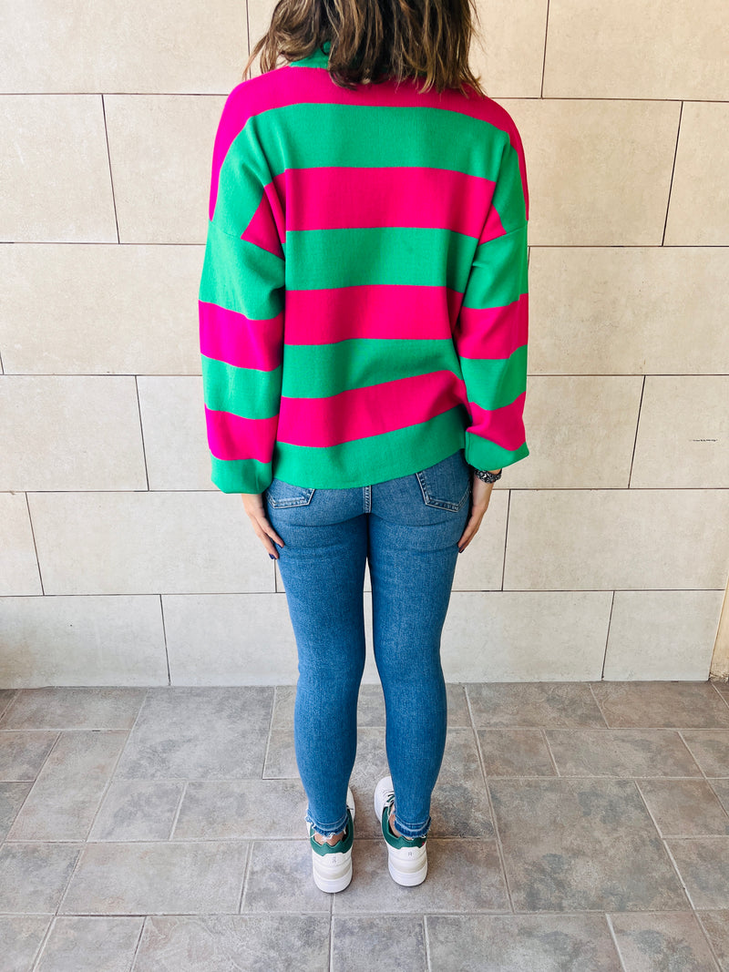 Green & Fuchsia Preppy Stripes Polo