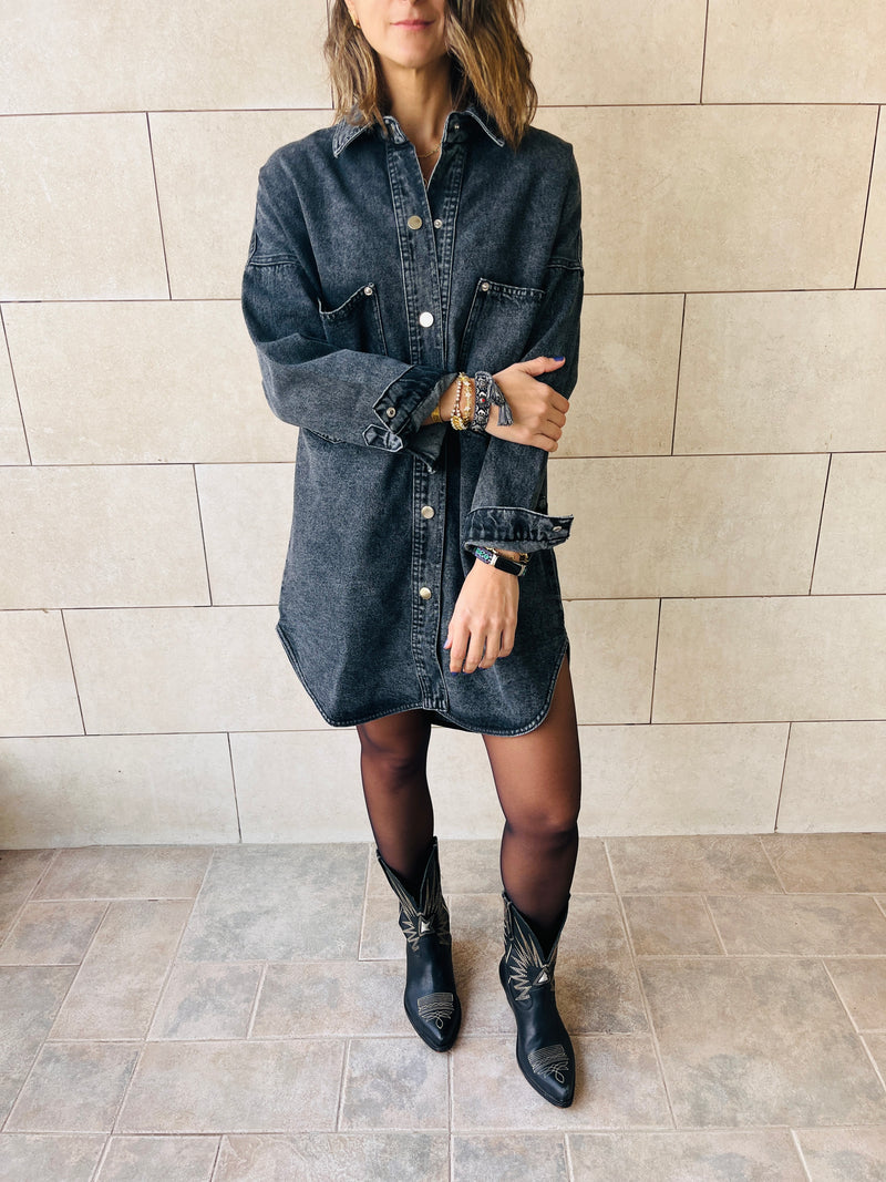 Grey Denim Shirt Dress Shacket