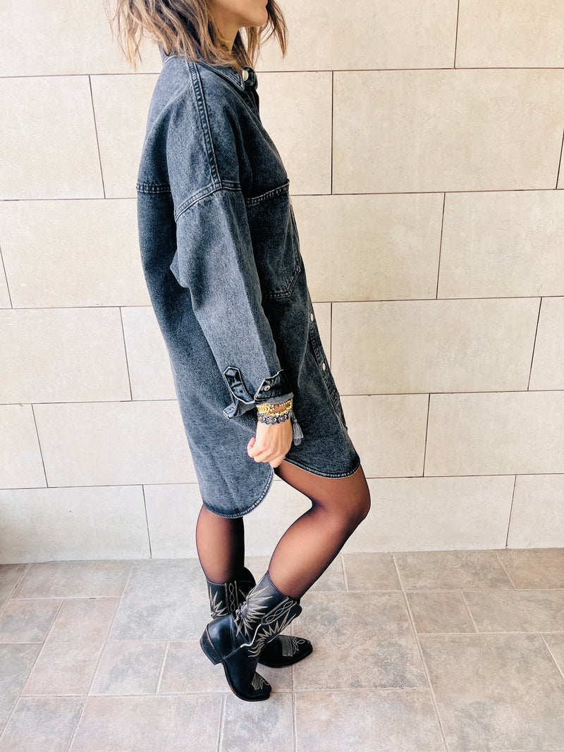 Grey Denim Shirt Dress Shacket