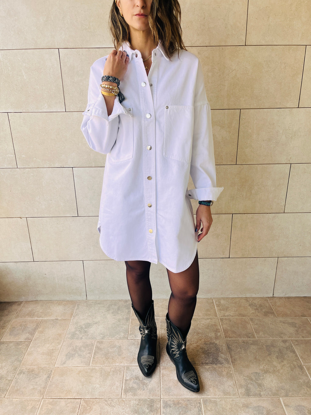 White Denim Shirt Dress Shacket