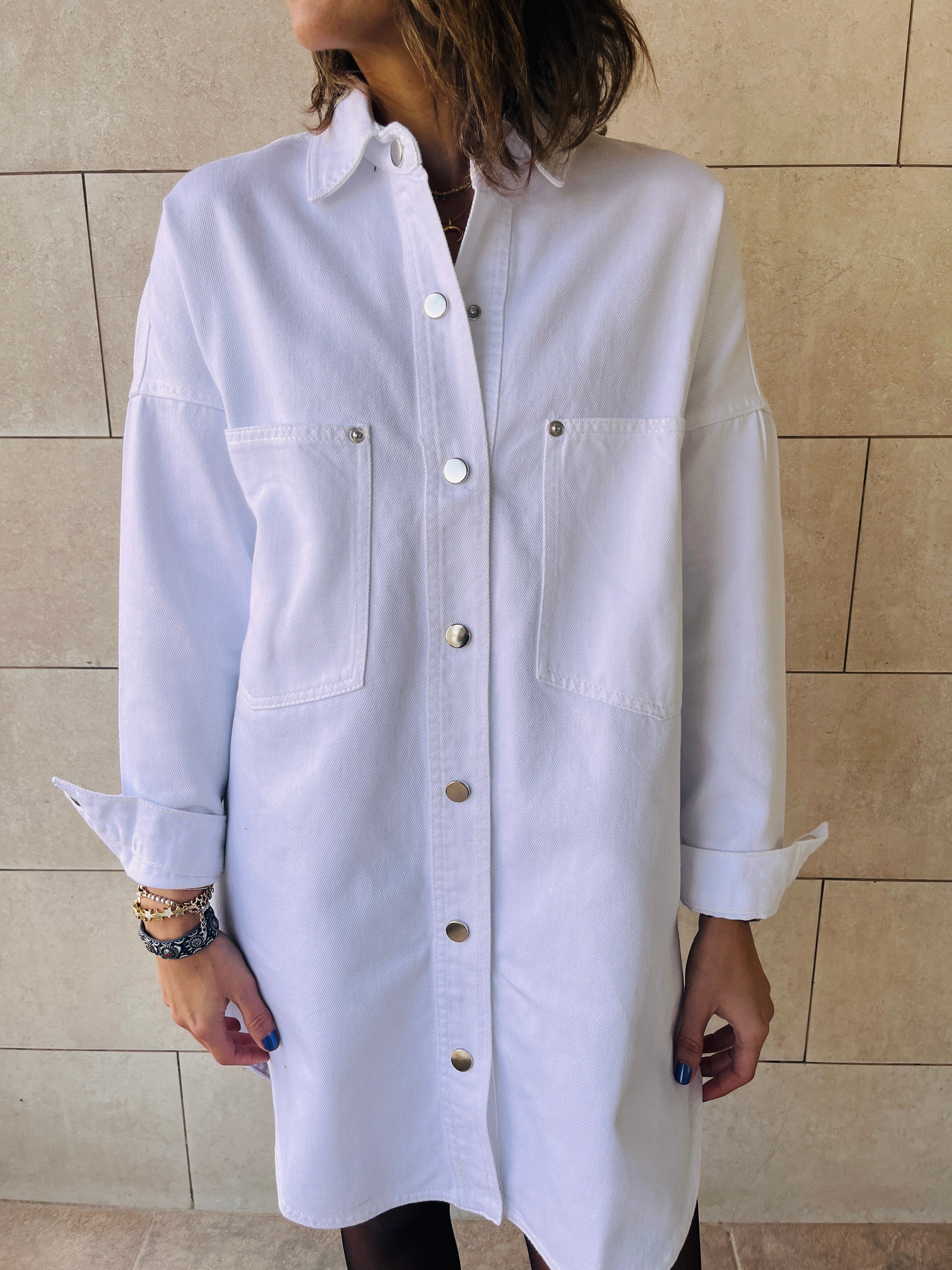 White Denim Shirt Dress Shacket
