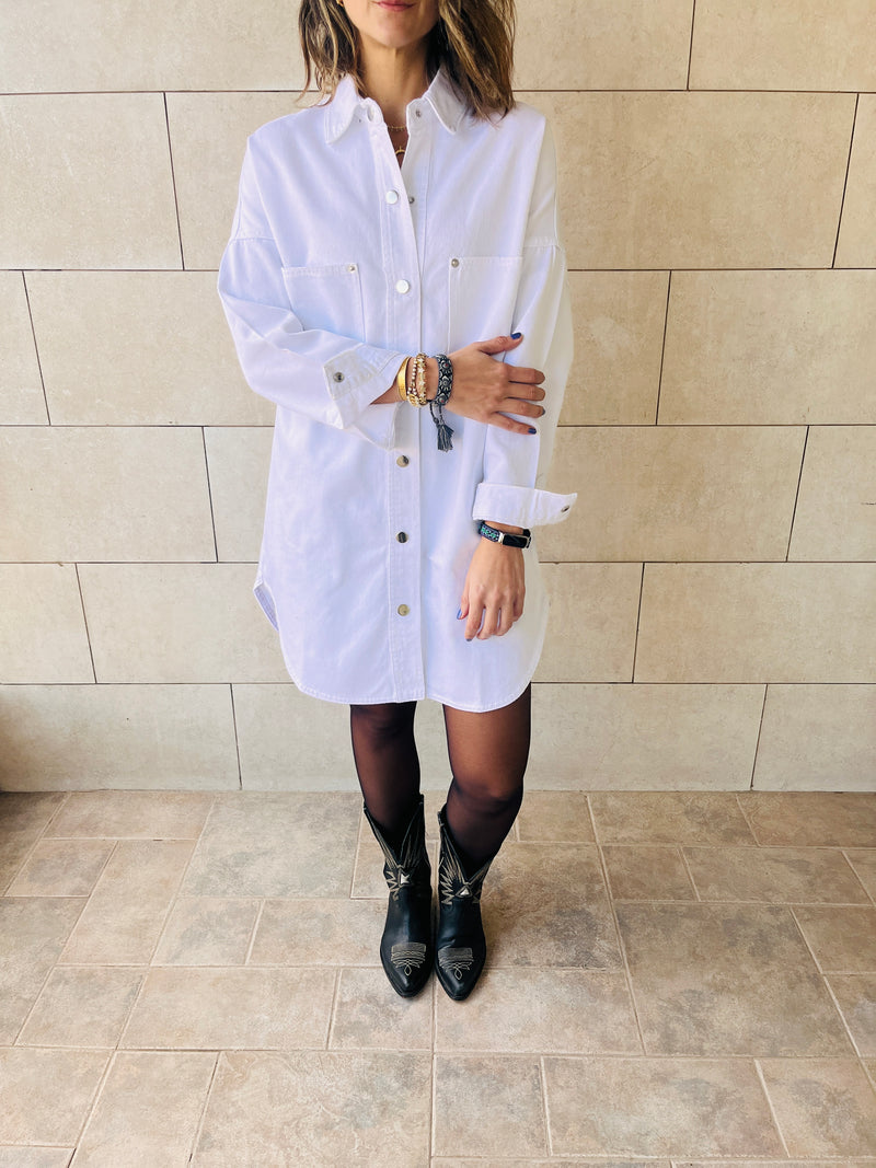 White Denim Shirt Dress Shacket