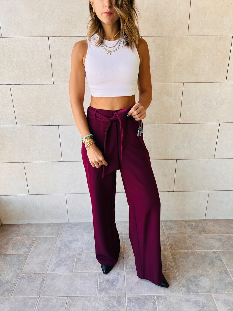 Burgundy Crepe Belted Flare