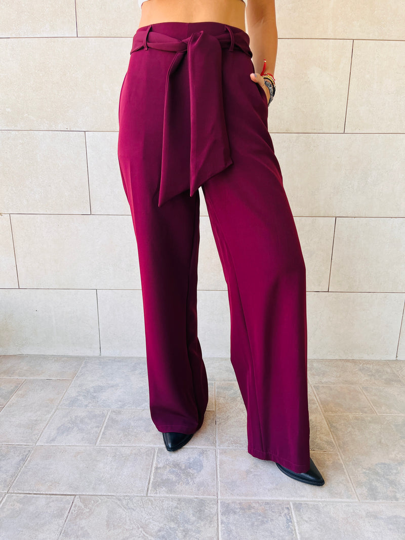 Burgundy Crepe Belted Flare