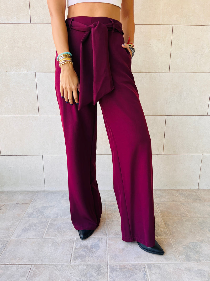 Burgundy Crepe Belted Flare