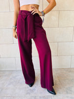 Burgundy Crepe Belted Flare