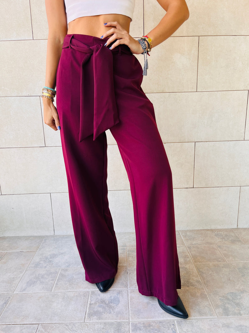 Burgundy Crepe Belted Flare