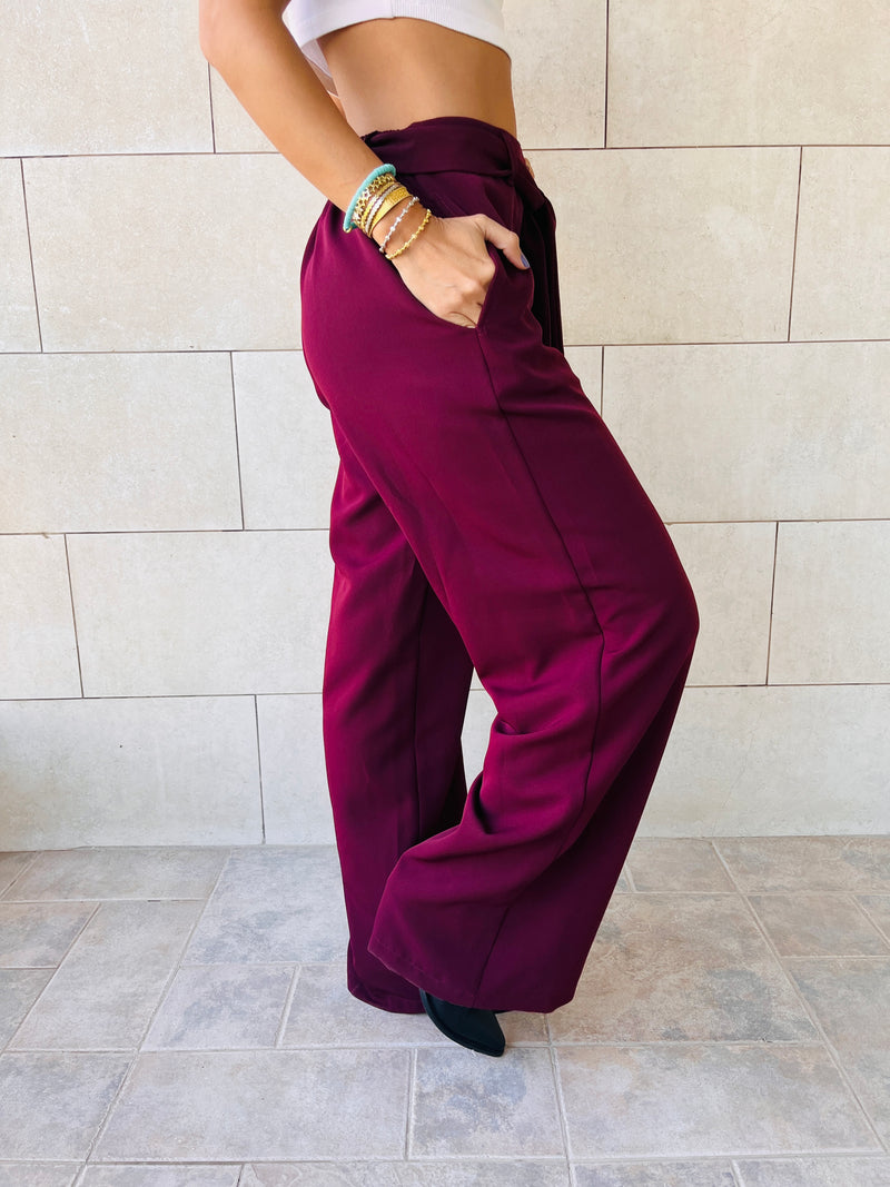 Burgundy Crepe Belted Flare