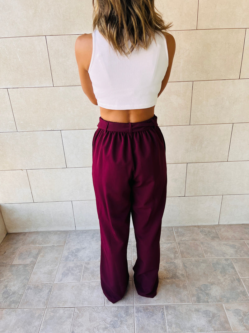 Burgundy Crepe Belted Flare