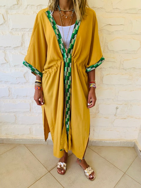 Mustard Embellished Trim Kimono
