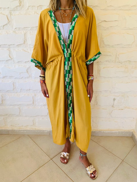 Mustard Embellished Trim Kimono