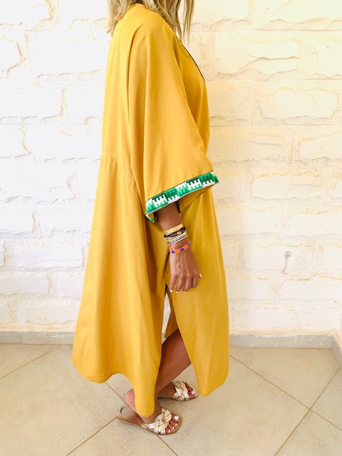 Mustard Embellished Trim Kimono