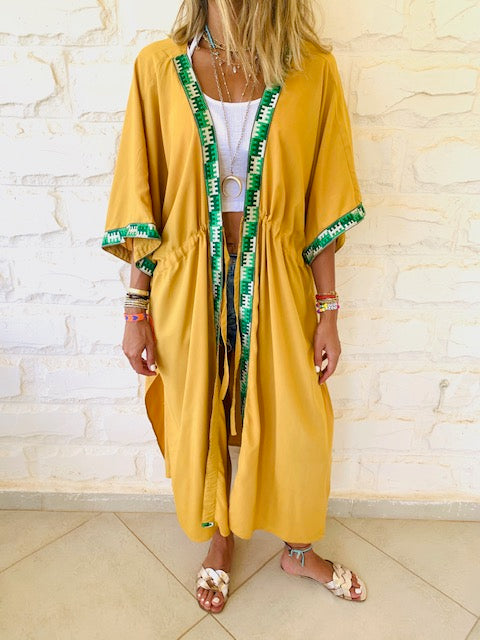 Mustard Embellished Trim Kimono
