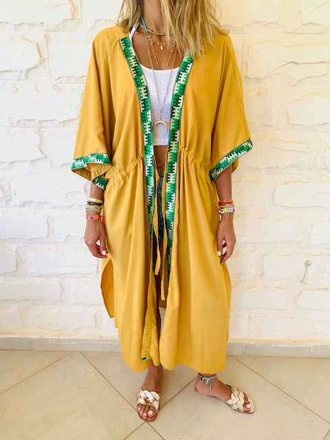Mustard Embellished Trim Kimono
