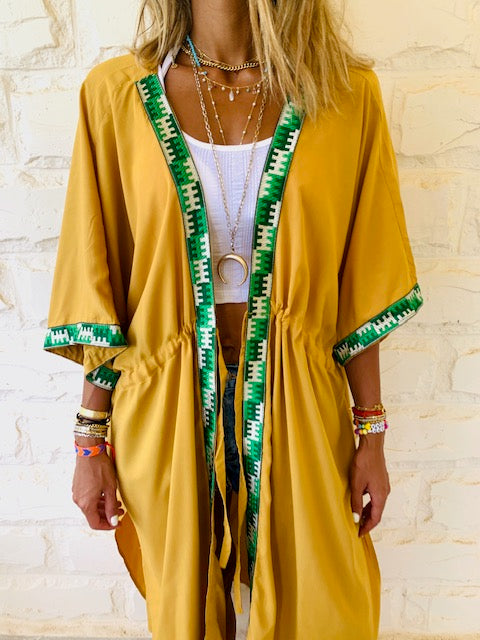 Mustard Embellished Trim Kimono