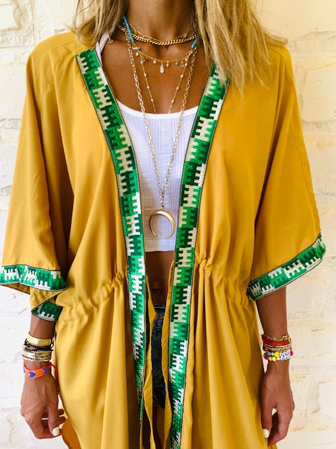 Mustard Embellished Trim Kimono