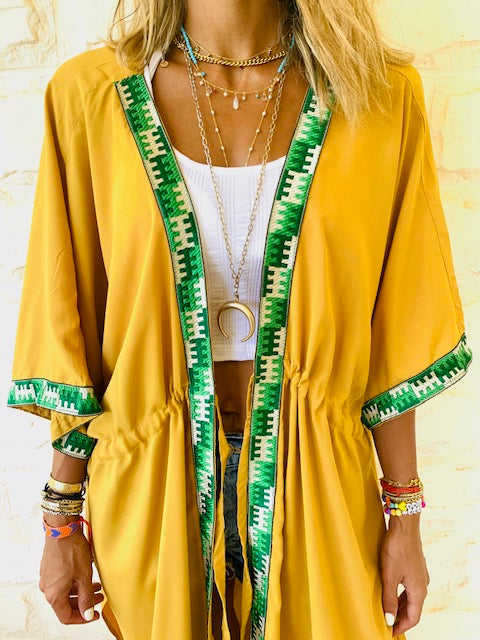 Mustard Embellished Trim Kimono