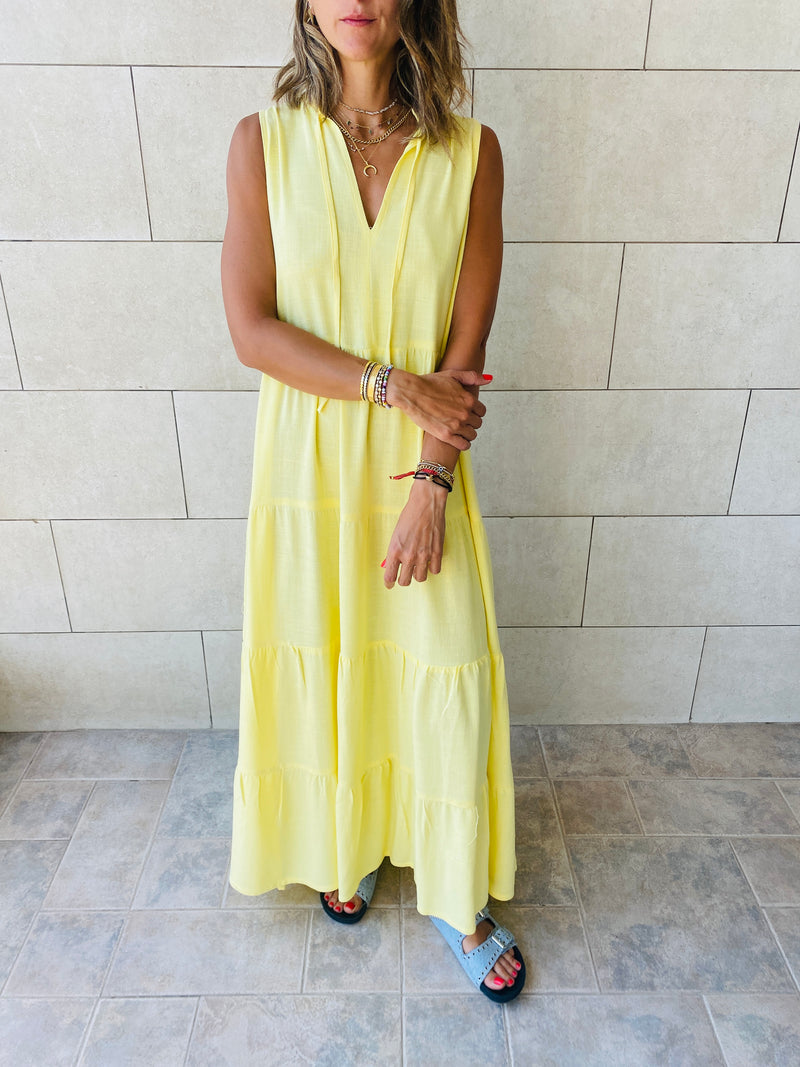 Yellow Linen Maxi Tiered Dress