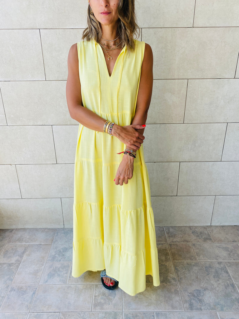 Yellow Linen Maxi Tiered Dress