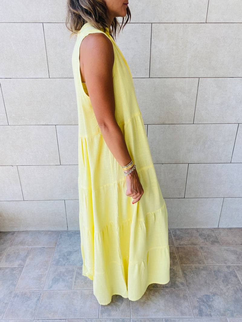 Yellow Linen Maxi Tiered Dress