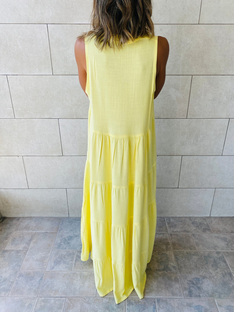 Yellow Linen Maxi Tiered Dress
