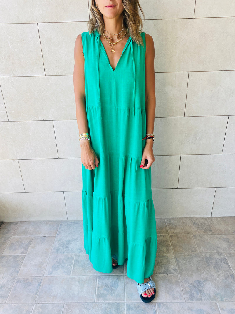 Green Linen Maxi Tiered Dress