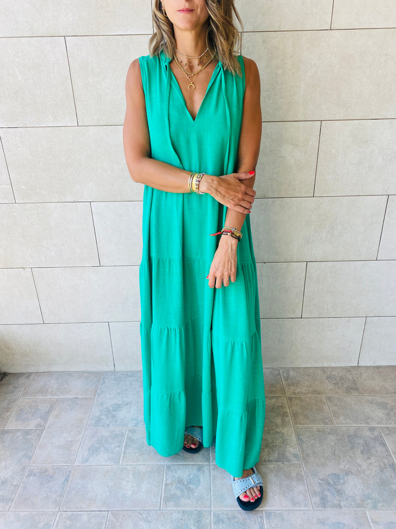 Green Linen Maxi Tiered Dress