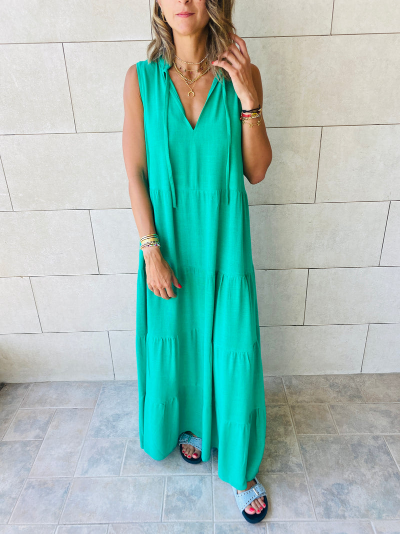 Green Linen Maxi Tiered Dress