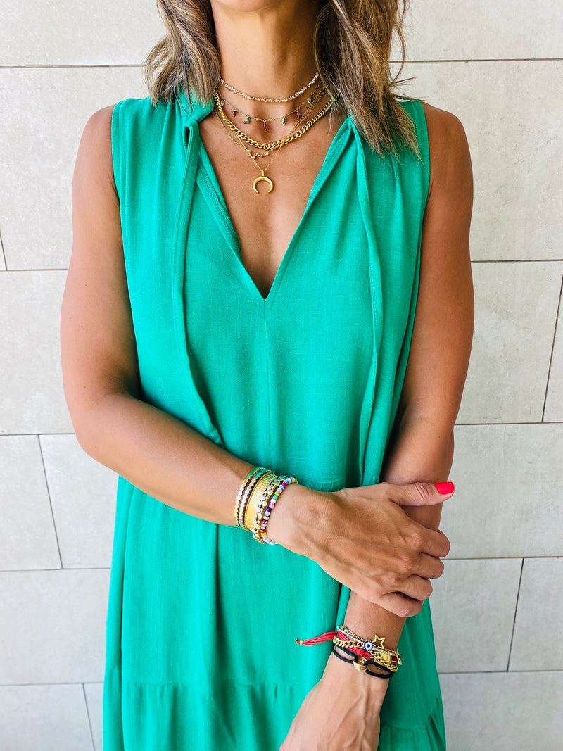 Green Linen Maxi Tiered Dress