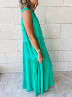 Green Linen Maxi Tiered Dress