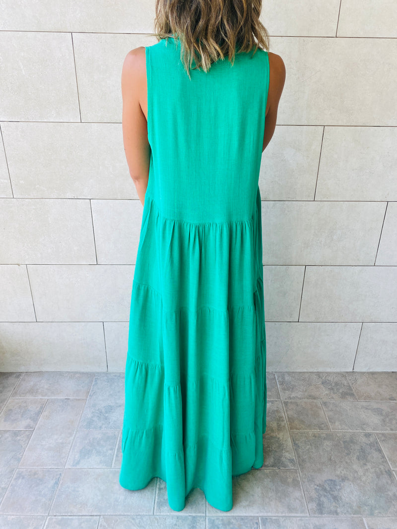 Green Linen Maxi Tiered Dress