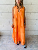Orange Linen Maxi Tiered Dress