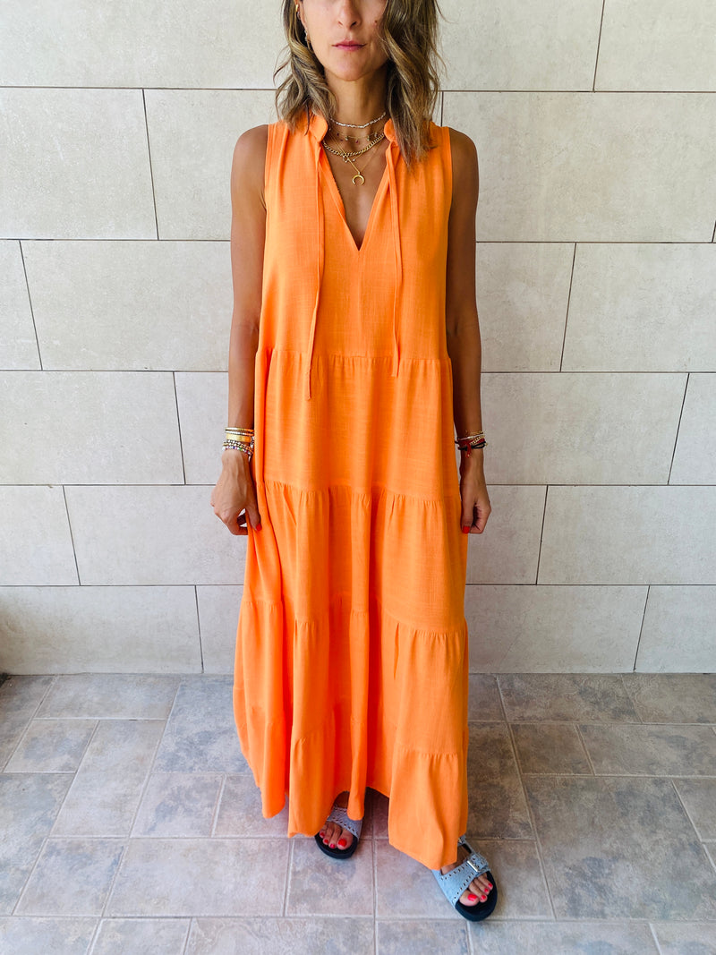 Orange Linen Maxi Tiered Dress