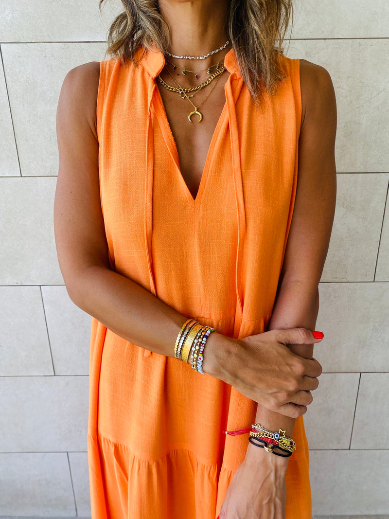 Orange Linen Maxi Tiered Dress