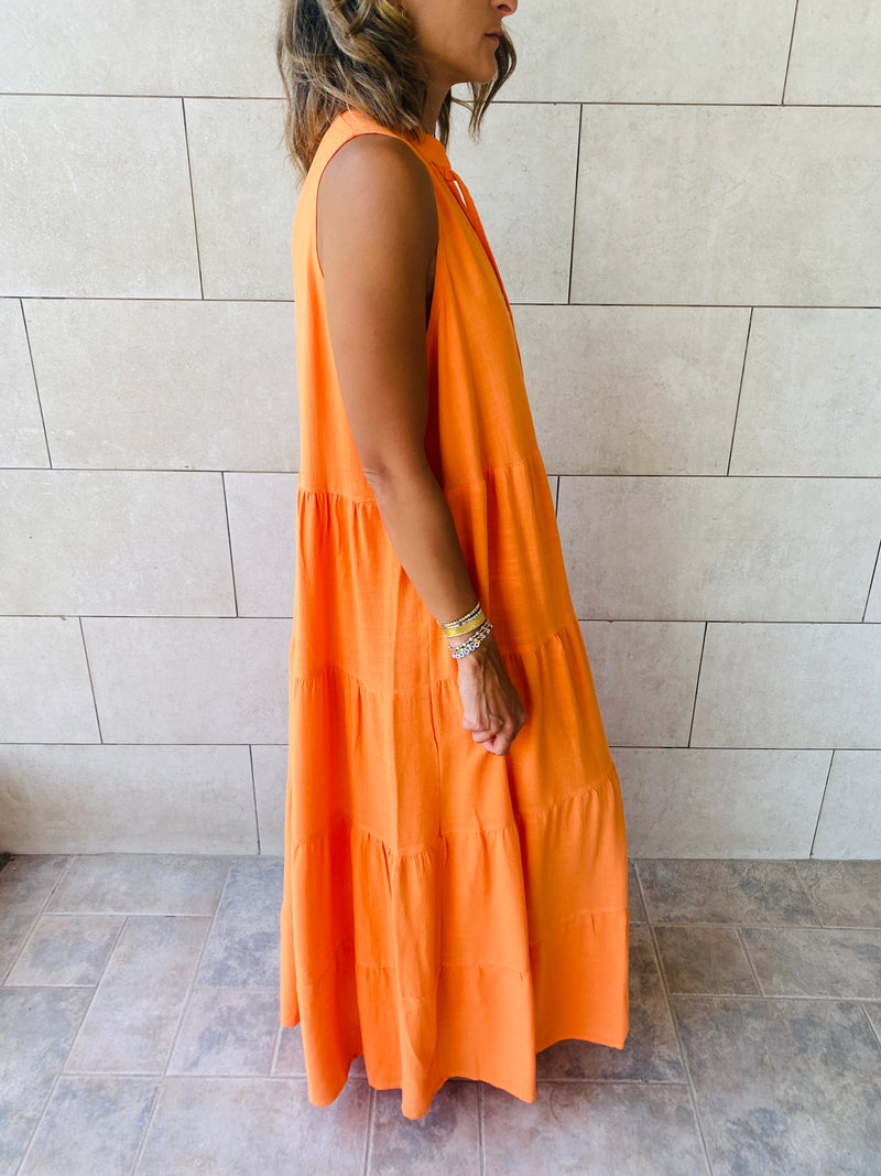 Orange Linen Maxi Tiered Dress