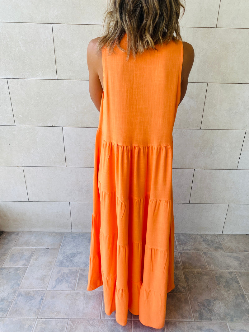 Orange Linen Maxi Tiered Dress