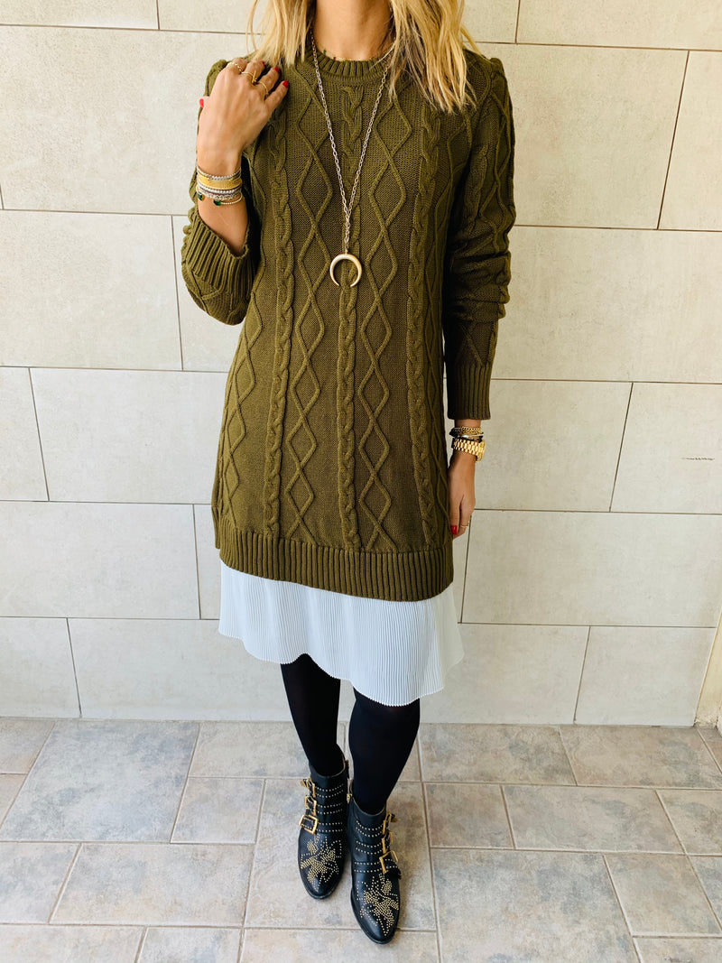 Olive Cable Plisse Hem Dress