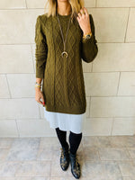 Olive Cable Plisse Hem Dress
